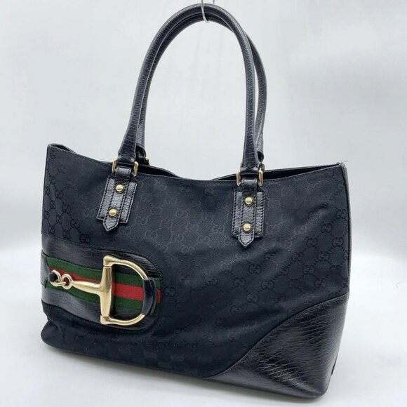 Auth Gucci Horsebit GG Canvas X Leather Sherry Line 137385 Black Tote Bag - Picture 1 of 10
